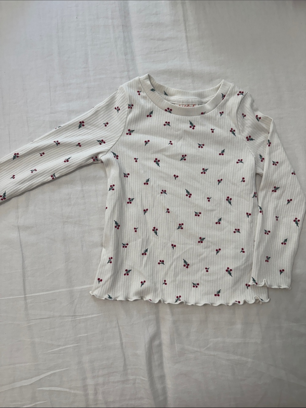 Cat & Jack White Ribbed Long-Sleeve Top with Cherry Print